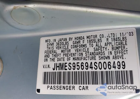 2004 Honda Civic Hybrid from USA, damaged, VIN JHMES95694S006499